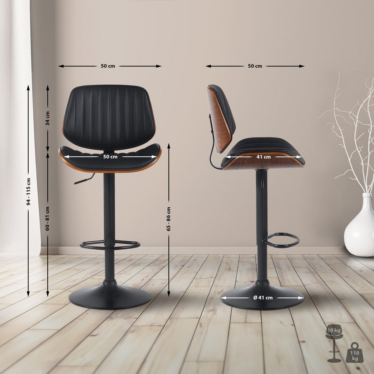 BARHOCKER Clawson Kunstleder 94-115x50x50 cm Schwarz - Nussbaumfarben, Leder (50/94/50cm) - furnicato