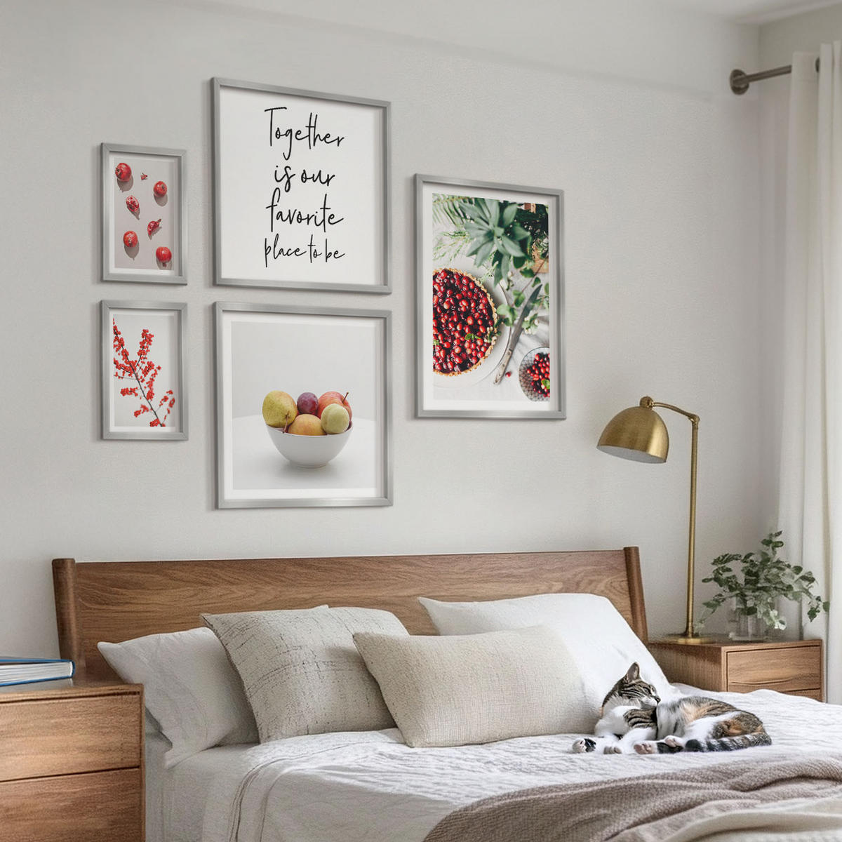 WANDBILDER 5er Set - 50x50 cm & 20x30 cm & 40x60 cm Silberner Rahmen - Minimalismus der roten Früchte von Pflanzen - Silberfarben, Kunststoff (40/60cm) - ArtPrintCave