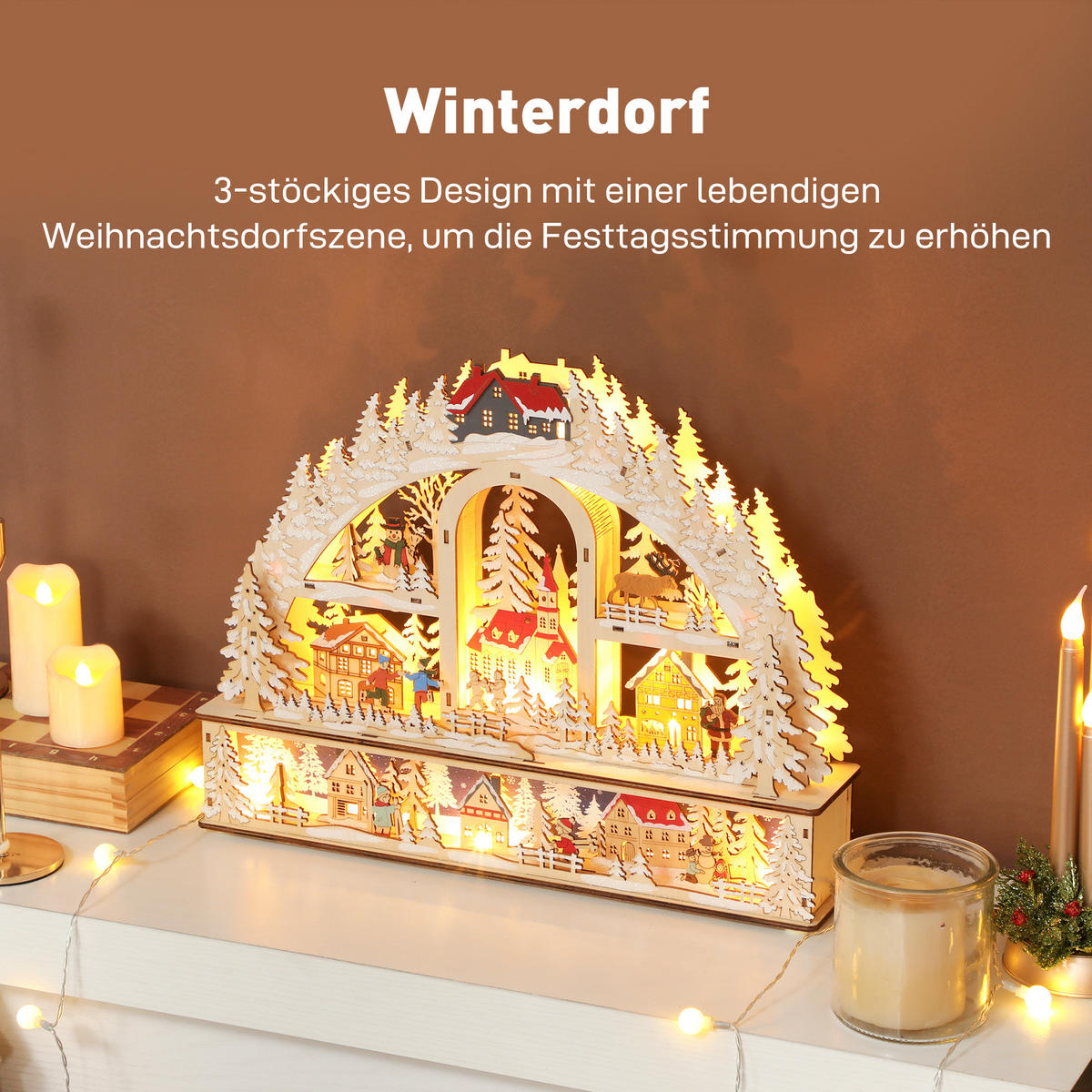 WEIHNACHTSDORF mit LED-Leuchtung, 45 cm Weihnachtsstadt mit Schneemann Renntier - Naturfarben, Holzwerkstoff (10/35/45cm) - HOMCOM