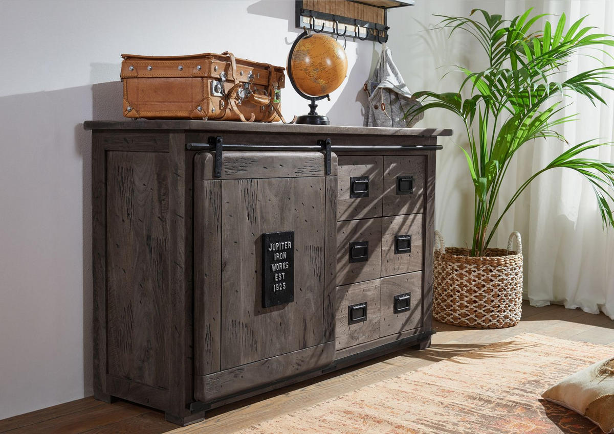 SIDEBOARD Mango 140x45x85 grau lackiert RAILWAY #221 - Grau, Holz (140/85/45cm) - Massivmoebel24