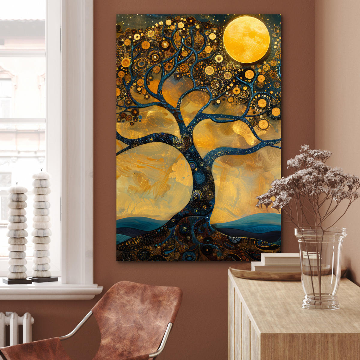 METALLBILD Baum - Mond - Blumen - Gold - Kunst 60x90 cm - Orange, Metall (60/90cm) - MuchoWow