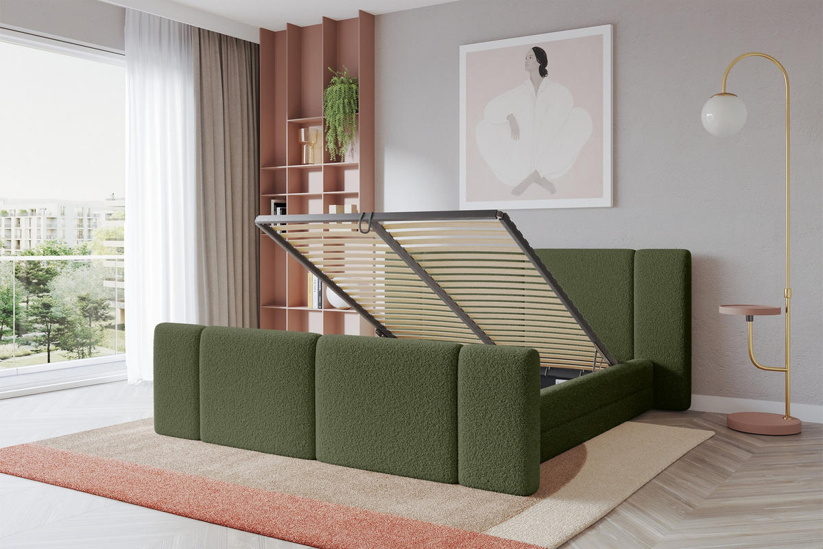 POLSTERBETT mit Bettkasten, Fußteil und Lattenrost, Bett mit Matratze H3/H4 - TEVO-Z 160x200 Grün - Olivgrün, Holzwerkstoff/Textil (160/200cm) - ALTDECOR