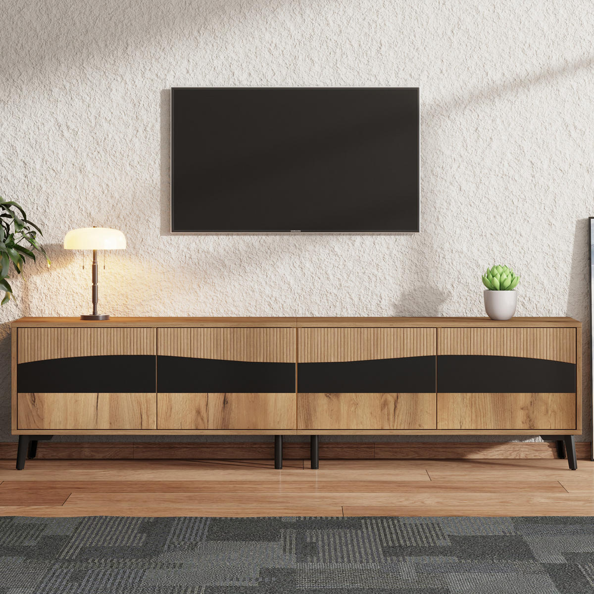 TV STOLEK v přírodní a černé barvě se 4 skříňkami, do obývacího pokoje, 180 × 40 × 50 cm - přírodní/černá, kompozitní dřevo (180/50/40cm) - STILVORA