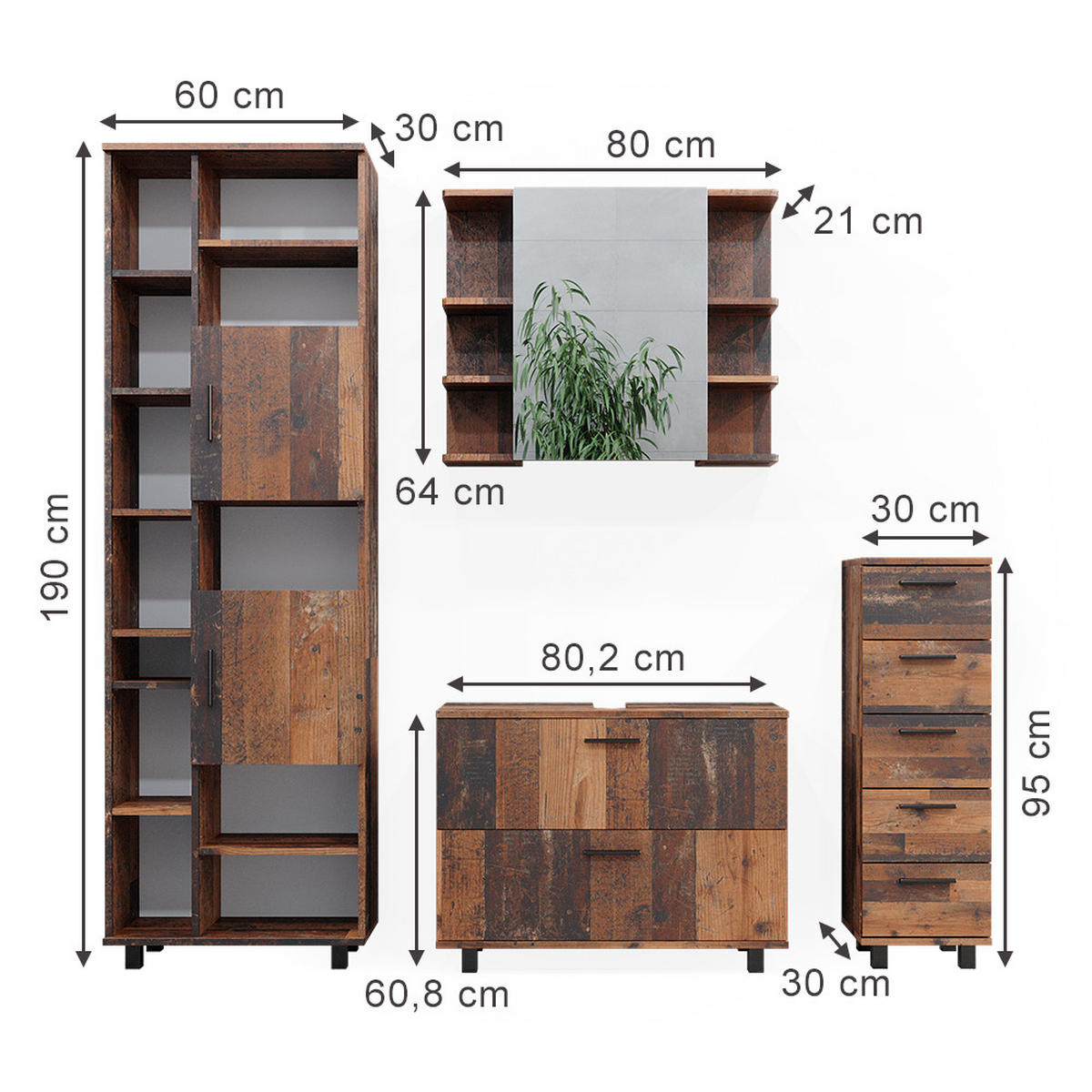 BADMÖBEL-SET Ilias Eiche rustikal 4 Teile, mit Hochschrank - Wildeiche, Holzwerkstoff (80.2/60.8/33cm) - Vicco