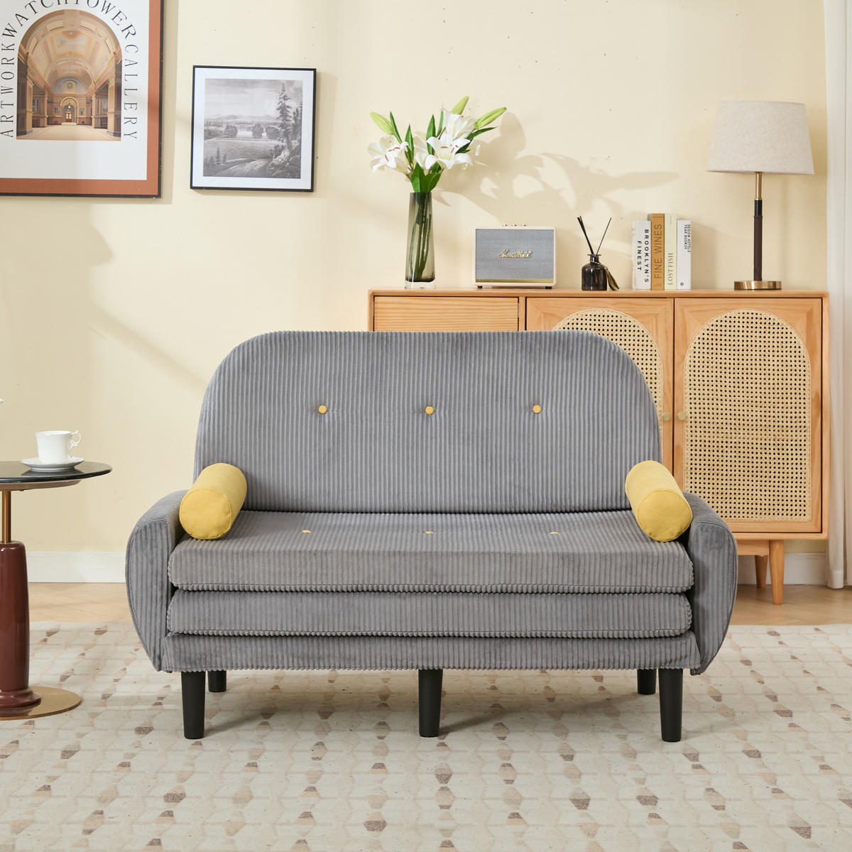 2-SITZER SCHLAFSOFA Cord Grau mit verstellbarer Rückenlehne und 2 Kissen - Grau, Kunststoff/Textil (133.5/85/77cm) - WISHDOR
