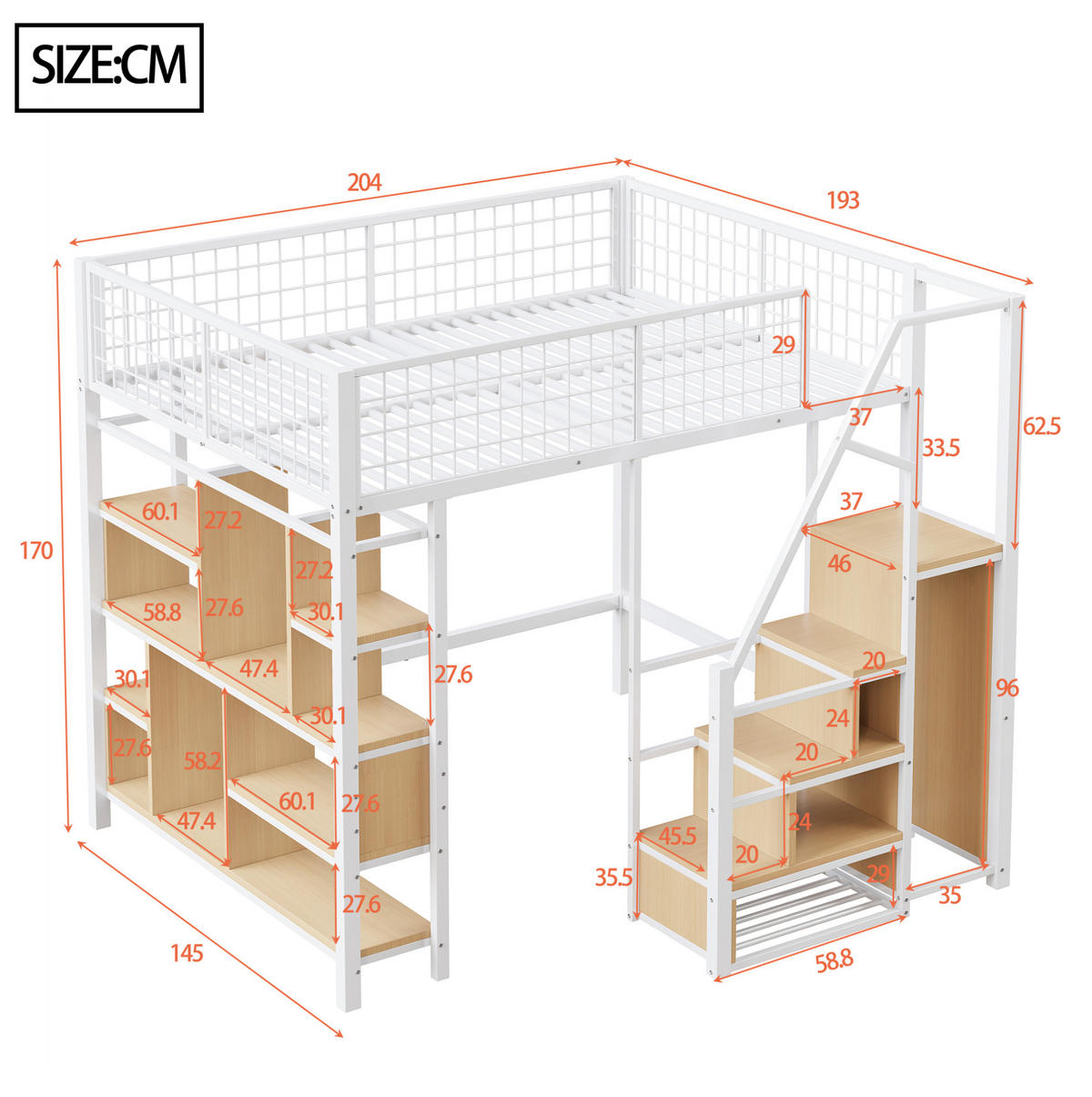 HOCHBETT 140/200 cm Weiß aus Metall und Holzwerkstoff mit Stauraumtreppe - Weiß, Metall (140/200cm) - OKMYHOME