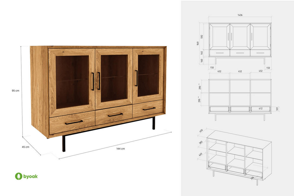 SIDEBOARD LEON Wildeiche - Wildeiche, Holz (144/95/45cm) - byoak
