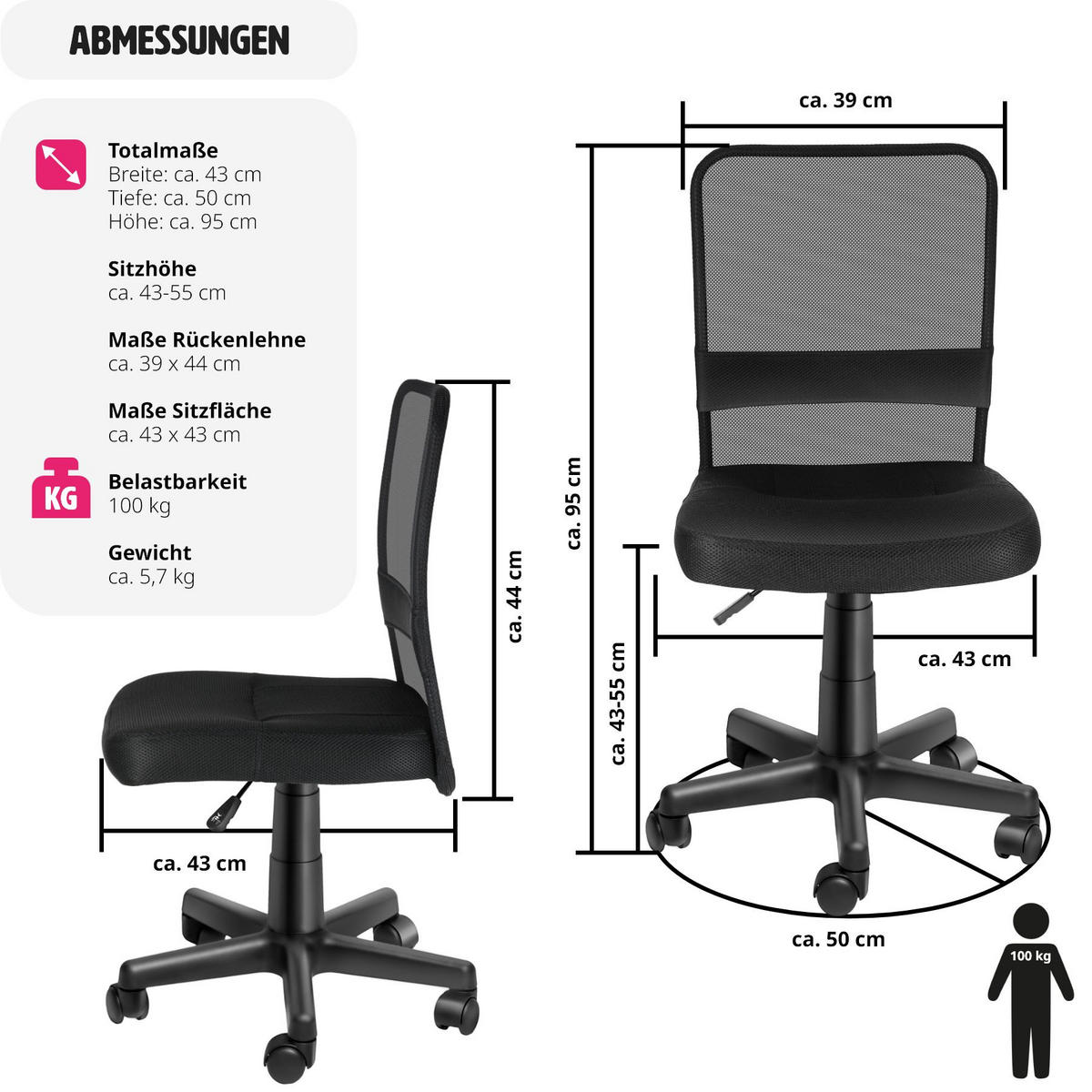 BÜROSTUHL Patrick, stufenlos höhenverstellbar, schwarz - Schwarz, Textil (50/95/43cm) - tectake