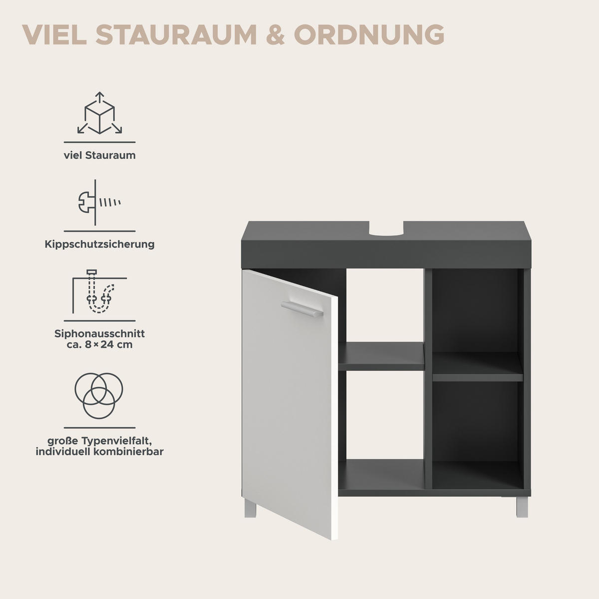 WASCHBECKENUNTERSCHRANK NOAH (B/H/T: ca. 65/63/31 cm) in anthrazit/weiß - Anthrazit, Holzwerkstoff (65/63/31cm)