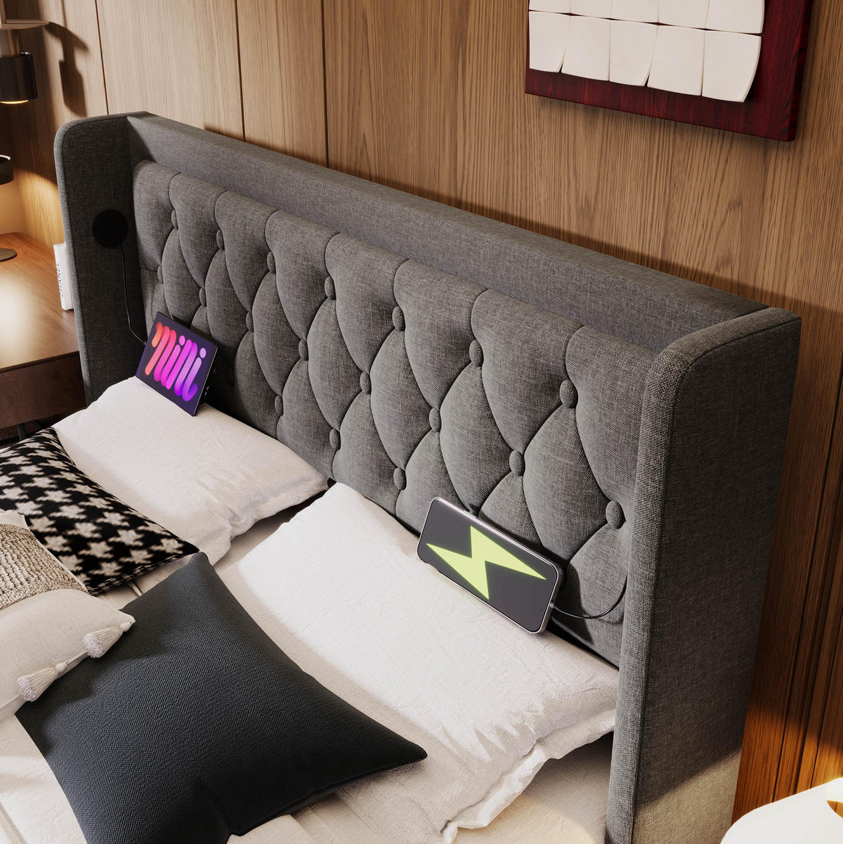 POLSTERBETT 180/200 cm Grau aus Baumwolle mit Bettkasten, USB-C und LED - Grau, Textil (180/200cm) - OKMYHOME