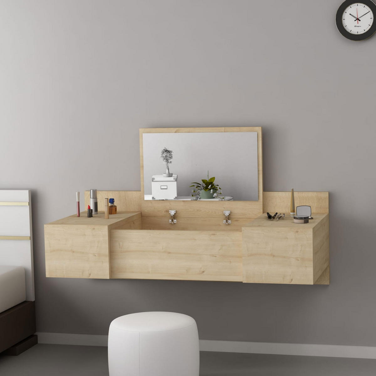 WANDFRISIERTISCH mit 3 Türen und integriertem Spiegel, L100 cm - Ely - Klares Holz - Eschefarben, Holz (100/33/39cm) - Drawer