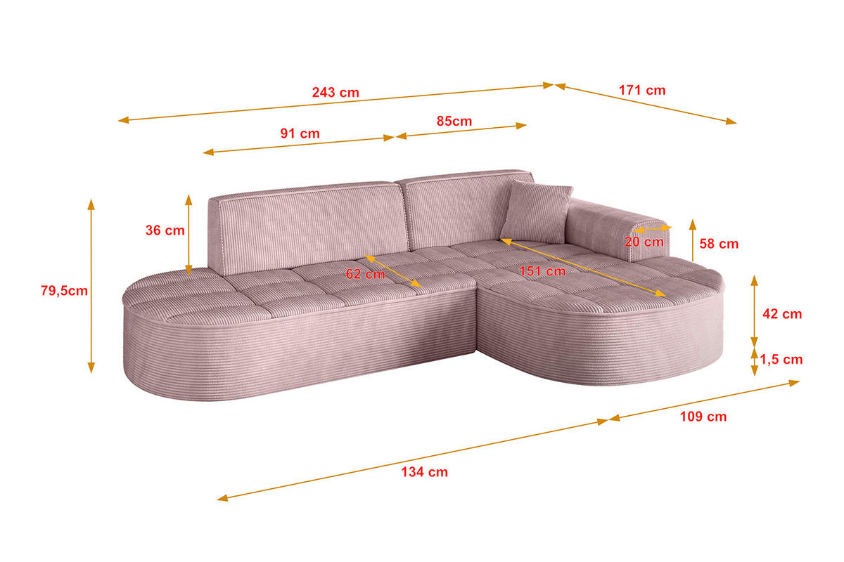 ECKSOFA Ottomane Rechts TARO-L1 - 243x171x79,5 cm Rosa - Rosa, Holzwerkstoff/Textil (243/171cm) - ALTDECOR