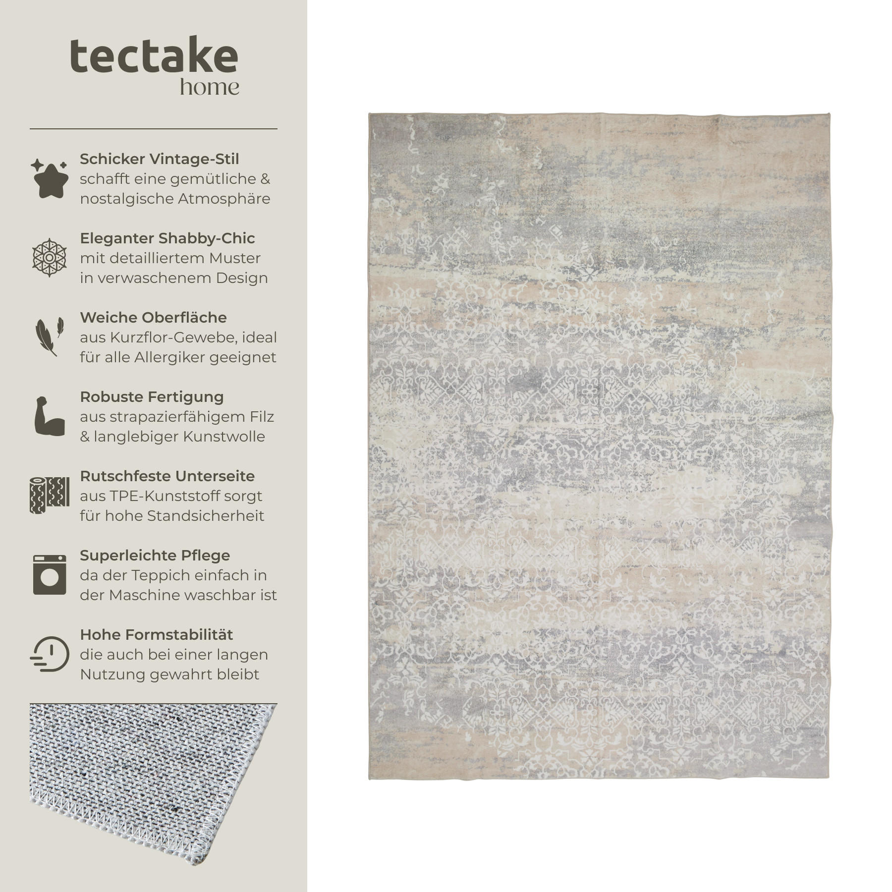 TEPPICH Vintage Design Dalia,rutschfeste Unterfläche,beige - Beige, Kunststoff (120/170cm) - tectake