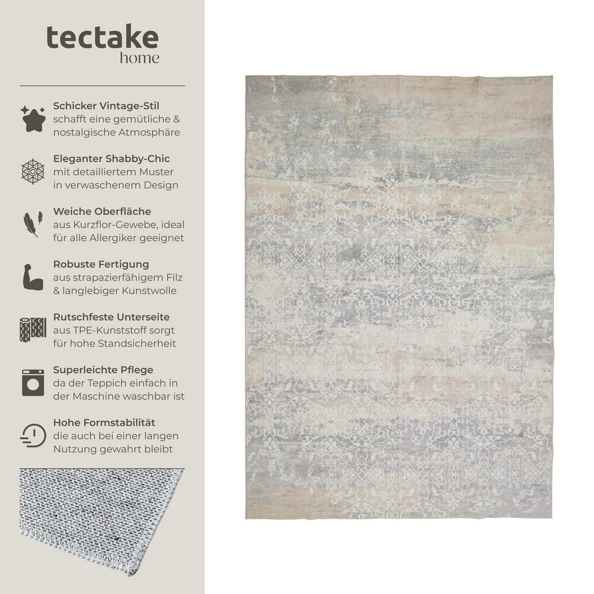 TEPPICH Vintage Design Dalia,rutschfeste Unterfläche,beige - Beige, Kunststoff (120/170cm) - tectake