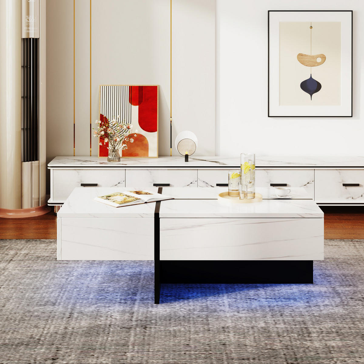 COUCHTISCH 100x50cm Hochglanz Weiß-Schwarz Marmoroptik App-LED - Weiß, Holz (72/54/23cm) - FLIEKS