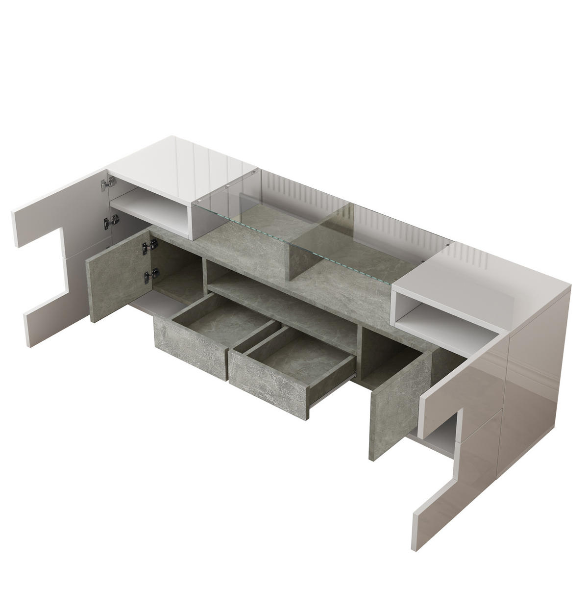 TV-LOWBOARD aus Holzwerkstoff 145x30x51 cm Weiß/Beton mit LED-Beleuchtung und viel Stauraum - Weiß, Holzwerkstoff (145/51/30cm) - Modfu