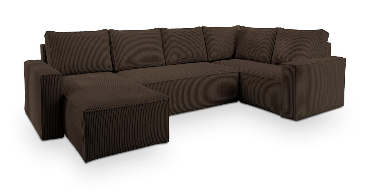 WOHNLANDSCHAFT NORENA R-S Braun Kordstoff mit Schlaffunktion - Braun, Holz (295/85/157.5cm) - MASSENO
