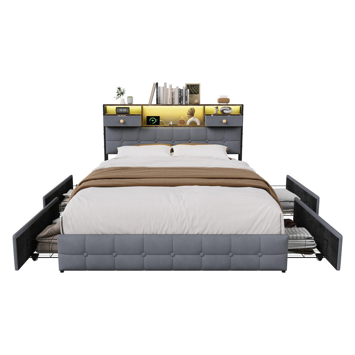 POLSTERBETT 140x200 cm mit LED, USB & 4 Schubladen, Grau - Grau, Metall (140/200cm) - EuroLiving