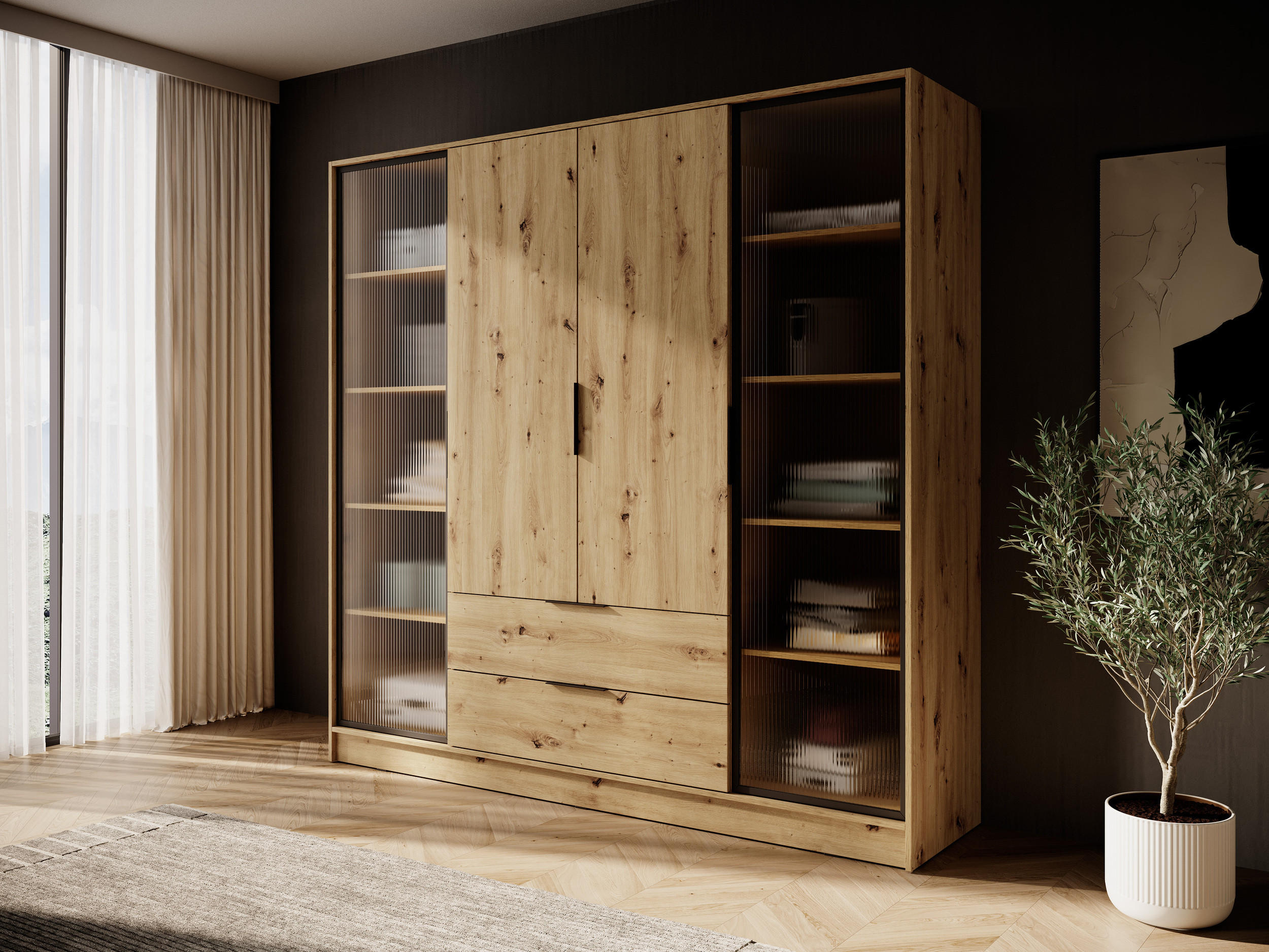 DREHTÜRENSCHRANK - Sevia Eiche Artisan – mit Vitrinen an den Seiten - Eiche Artisan, Holzwerkstoff (206/200/51cm) - Möblo