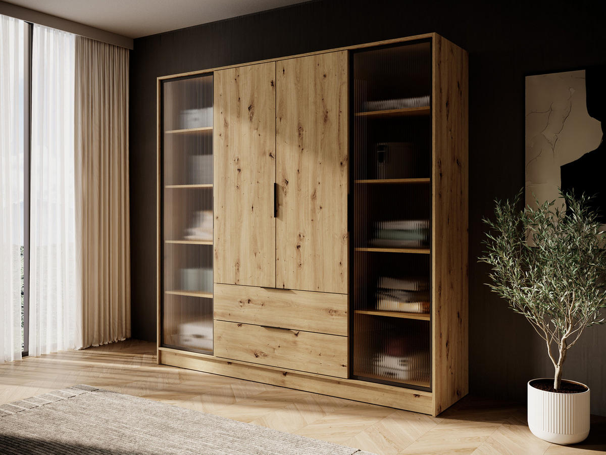 DREHTÜRENSCHRANK - Sevia Eiche Artisan – mit Vitrinen an den Seiten - Eiche Artisan, Holzwerkstoff (206/200/51cm) - Möblo