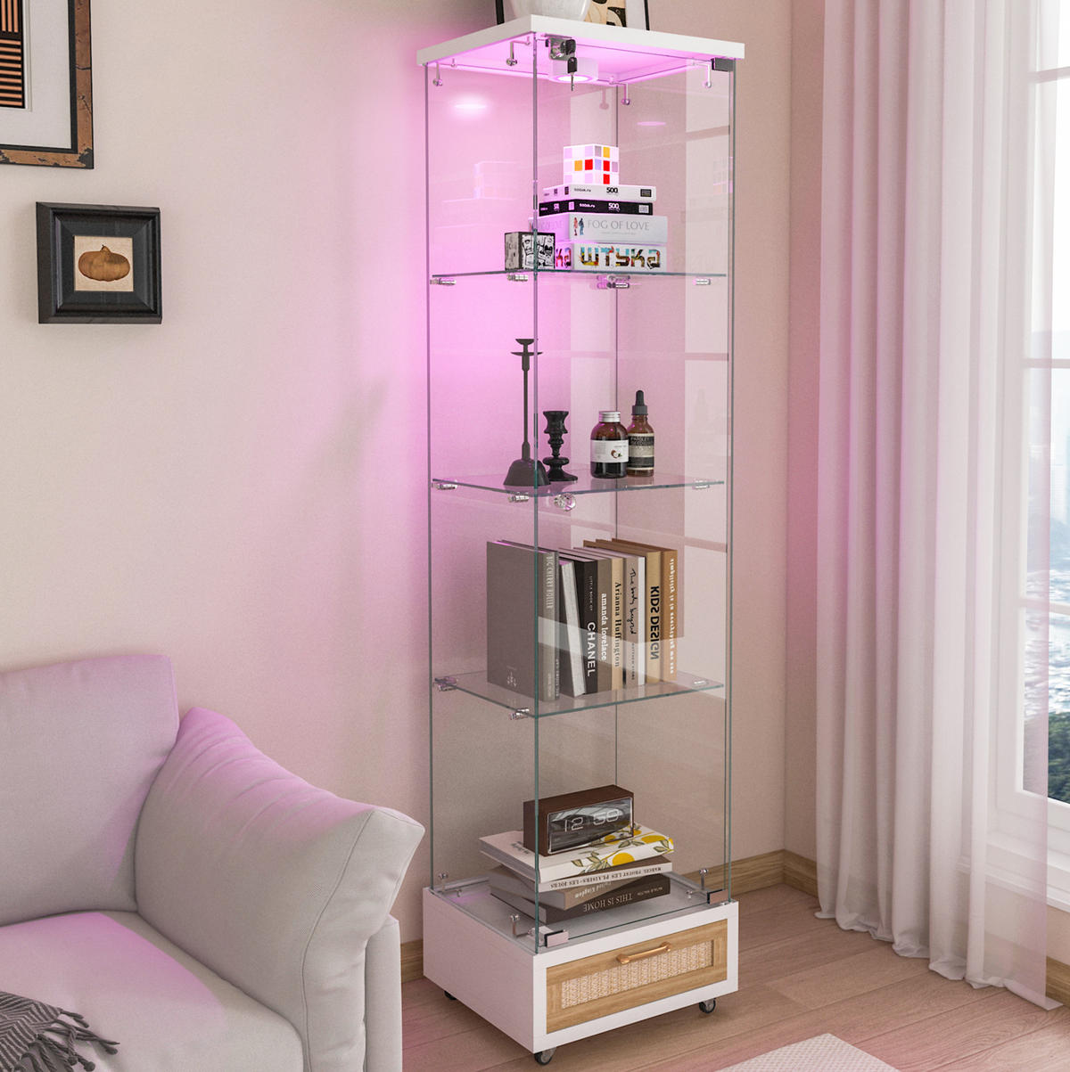 VITRINE 36,5/42,5/167 cm mit LED-Beleuchtung, 4 Ebenen und Rollen, Weiß - Weiß, Holzwerkstoff (42.5/167/36.5cm) - Redom