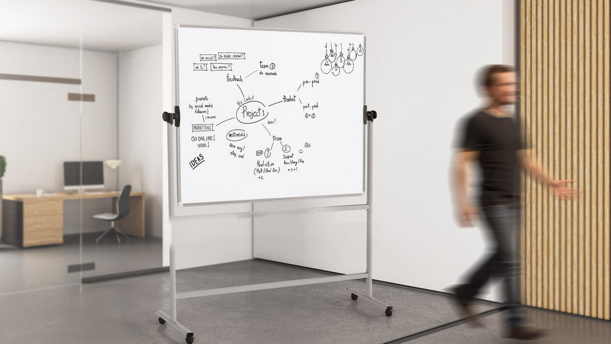 MOBILES Board, Serie: TM Idea/Flex – mit doppelseitiger Whiteboard-Oberfläche, drehbar, 150×120 cm - Weiß, Metall (150/120/62cm) - ALLboards