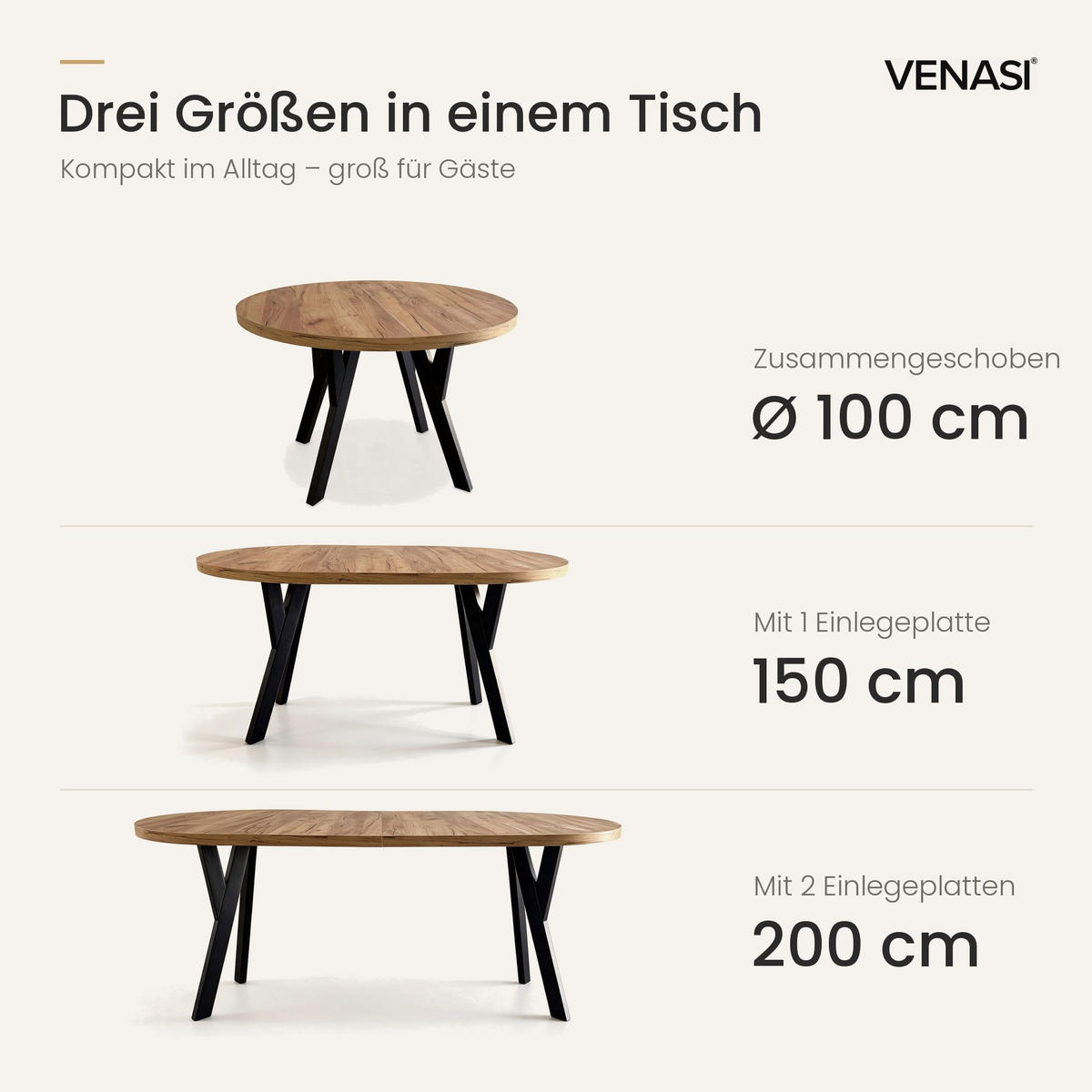 ESSTISCH ausziehbar rund 100-200 cm ATO Craft, Auszugstisch mit Einlegeplatte - Schwarz/Braun, Holzwerkstoff (100/100/77cm) - VENASI MÖBEL