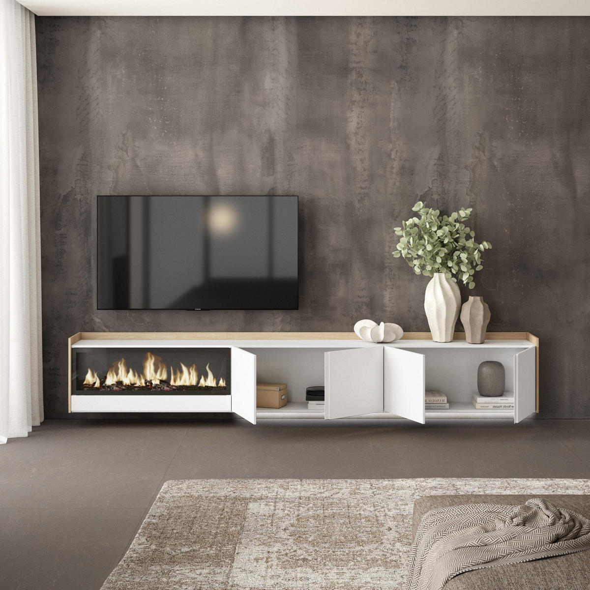 LOWBOARD, Weiß und Eiche, 315/35/50cm, Kamin mit Feuereffekt XXL - Weiß, Holzwerkstoff (315/50/35cm) - Skraut Home