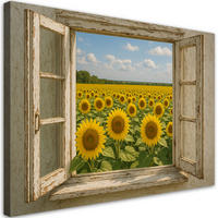 LEINWANDBILD Blick aus dem Fenster Sonnenblumenfeld Shabby Chic 120x80cm - Beige, Textil (120/80cm) - Feeby