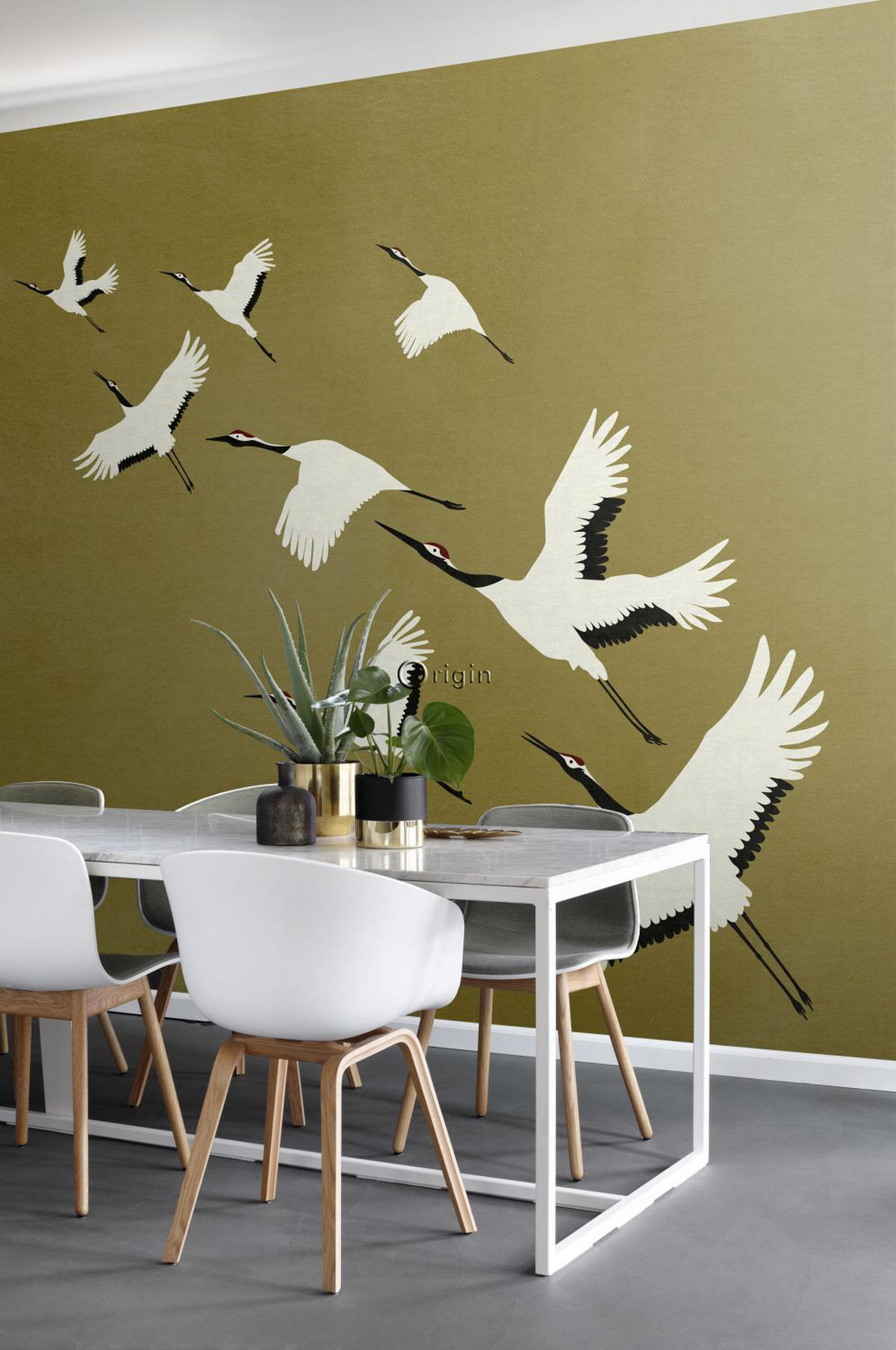 FOTOTAPETE Kraniche 300 x 300 cm - Gelb, Papier (300/300cm) - Origin Wallcoverings