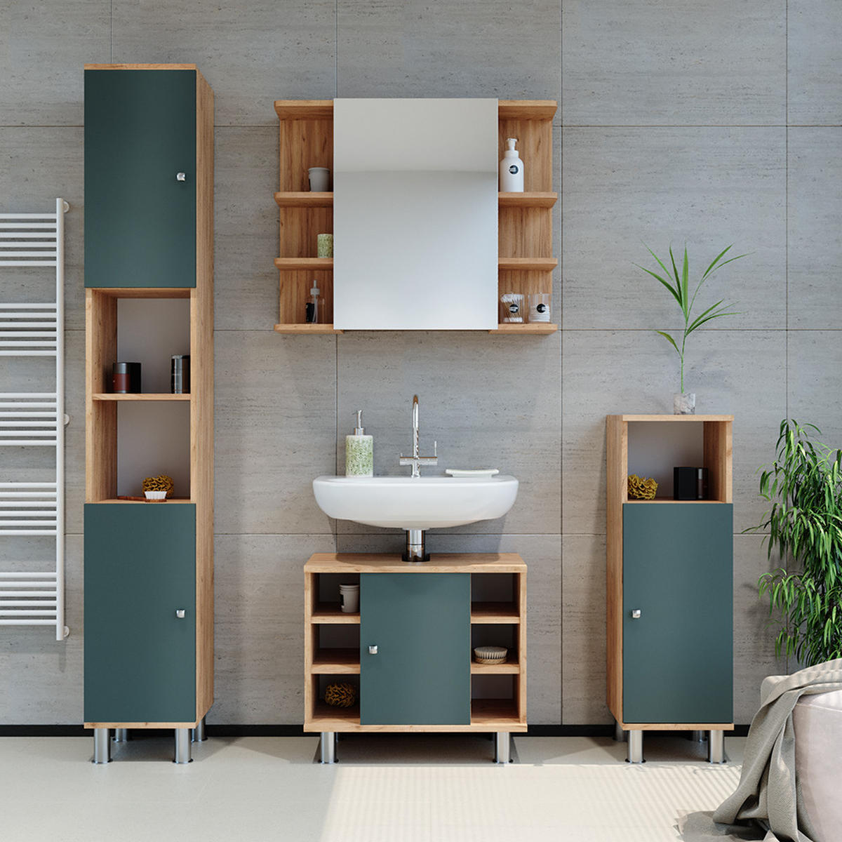 BADMÖBEL-SET Fynn Grün 3 Teile, mit Hochschrank - Honigeiche/Grün, Holzwerkstoff (60/54/32cm) - Vicco
