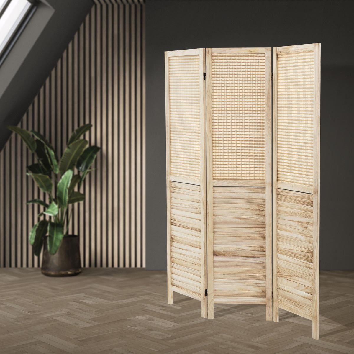 PARAVENT 3 teilig Osaka 170x121 cm Natur aus Holz - Braun, Holz (121/170/2cm) - ML-DESIGN
