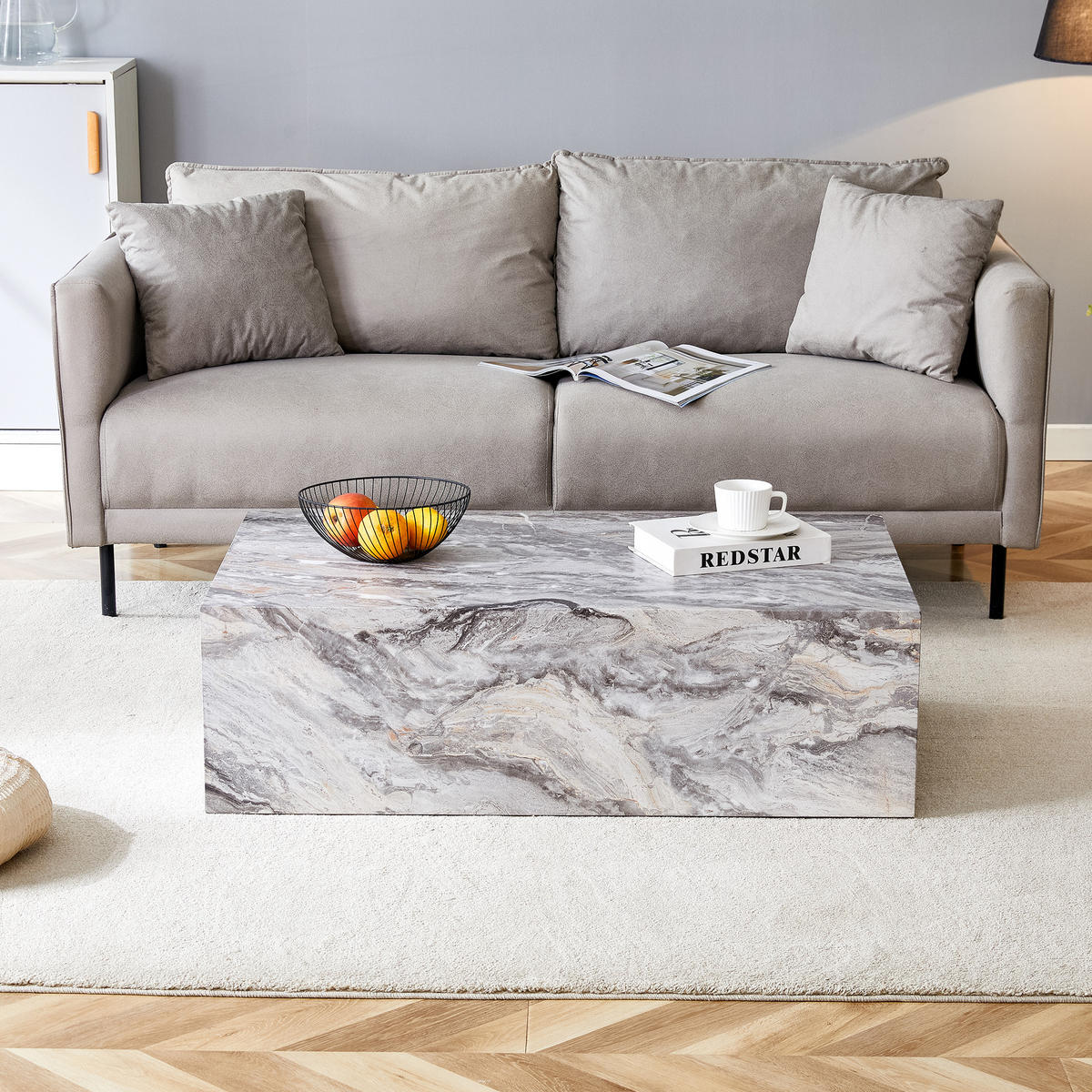 COUCHTISCH 90/50/30 cm grau aus Holzwerkstoff mit Marmorimitat-Oberfläche ohne Montage - Grau, Holzwerkstoff (90/50/30cm) - OKWISH