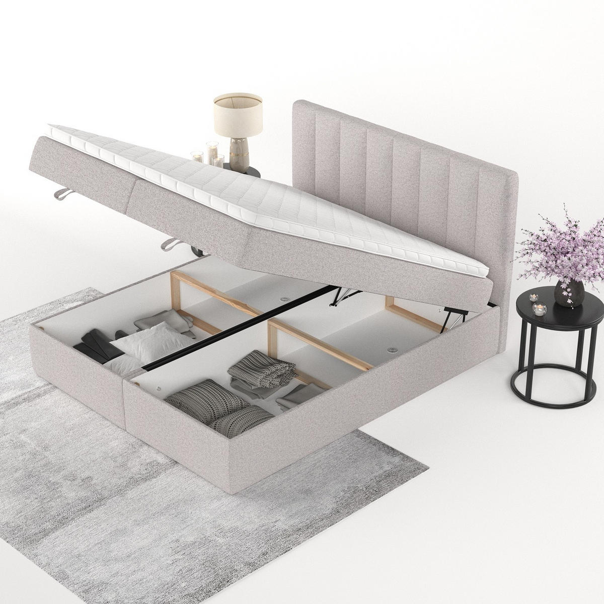 BOXBETT Lusso 200/200 cm Beige im Riva Stoff - Beige/Schwarz, Holz/Holzwerkstoff (200/200cm) - AltaBeds