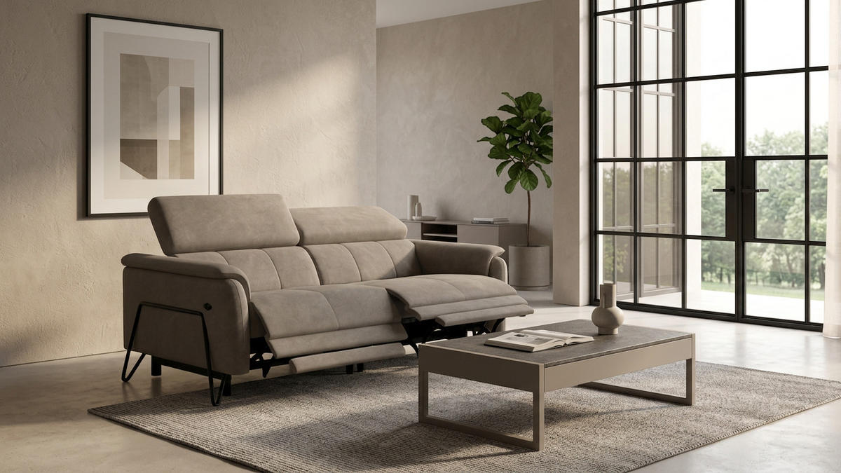 RELAXSOFA RODEN 3-Sitzer mit 2 Relax, beige, Veloursstoff - Beige, Holz/Textil (194/82/103cm) - Wozimo