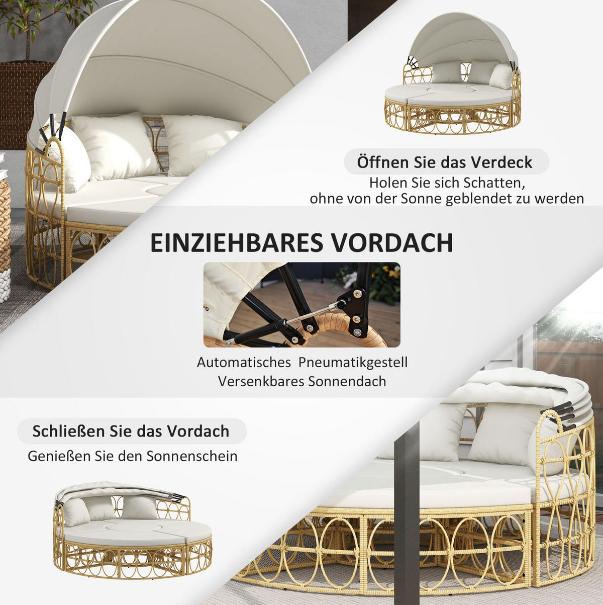 GARTENLOUNGE 178/85/66,5 cm cremeweiß aus Rattan mit Sonnendach - Weiß, Naturmaterialen - OKWISH