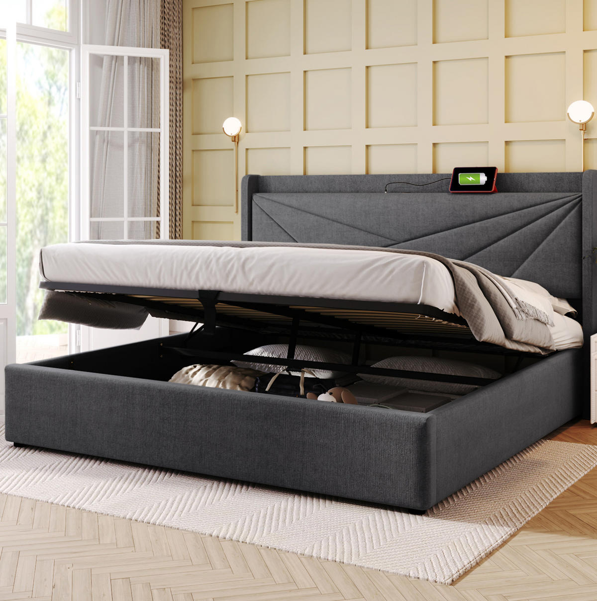 POLSTERBETT 160/200 cm Grau mit Bettkasten, Matratze und USB- und Type-C-Anschlüssen - Grau, Textil (160/200cm) - Flora Grace
