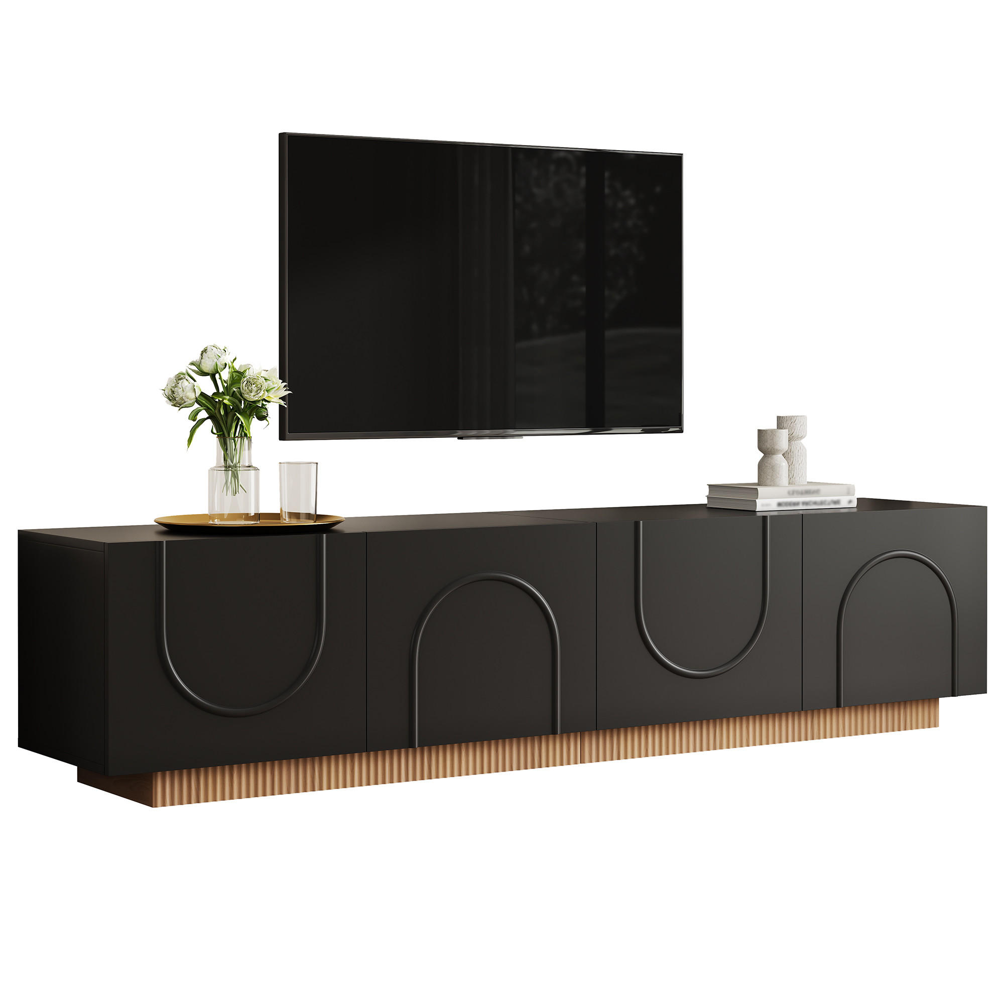 TV-LOWBOARD 170 x 38 x 42 cm, 4 Türen, 3D-Relieffront, Kabelmanagement, Schwarz - Schwarz, Holzwerkstoff (170/42/38cm)