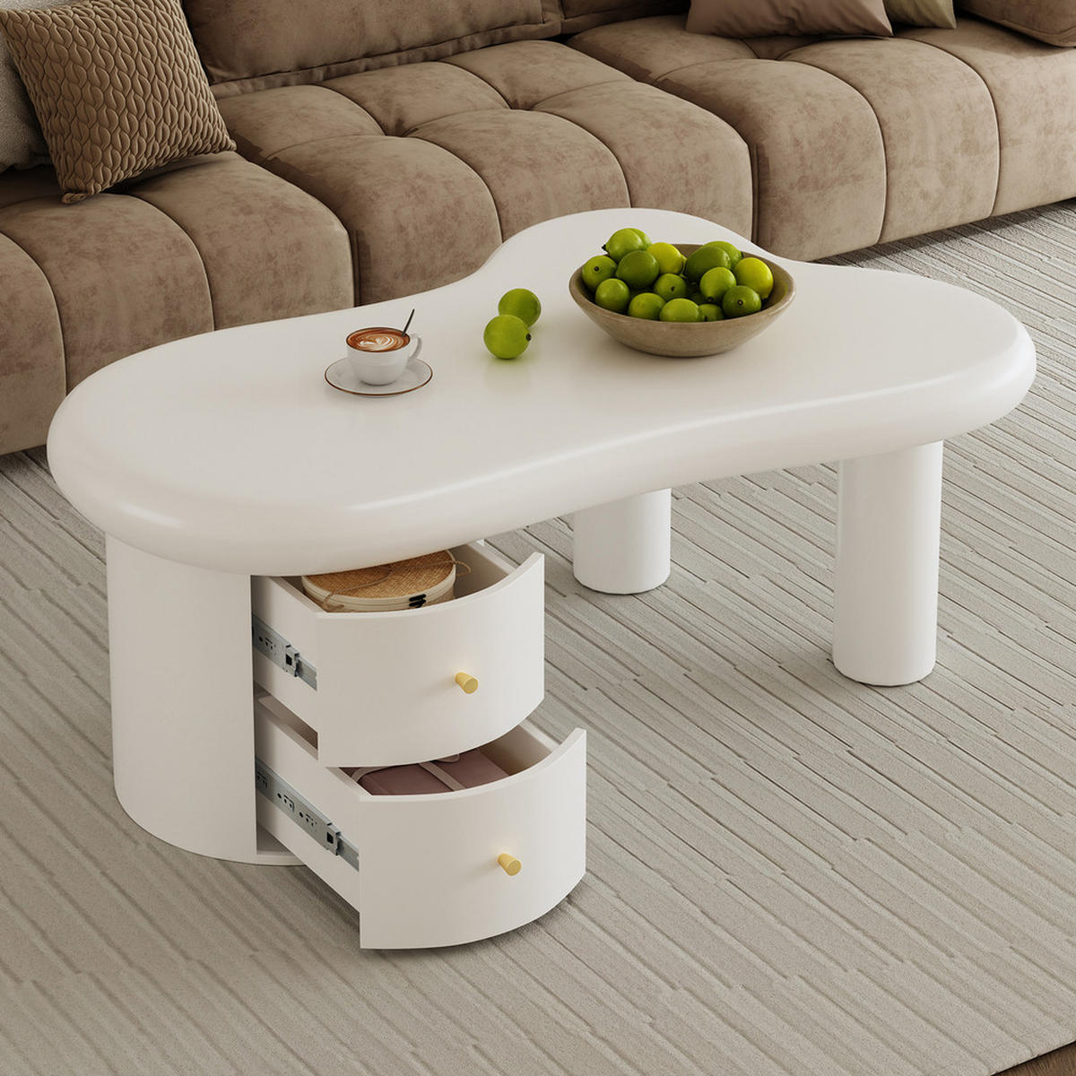 COUCHTISCH Weiß Unregelmäßig 2 Schubladen Platzsparend Stabil Mehrzweck - Weiß, Holz (58.42/50.8/41.28cm) - FLIEKS