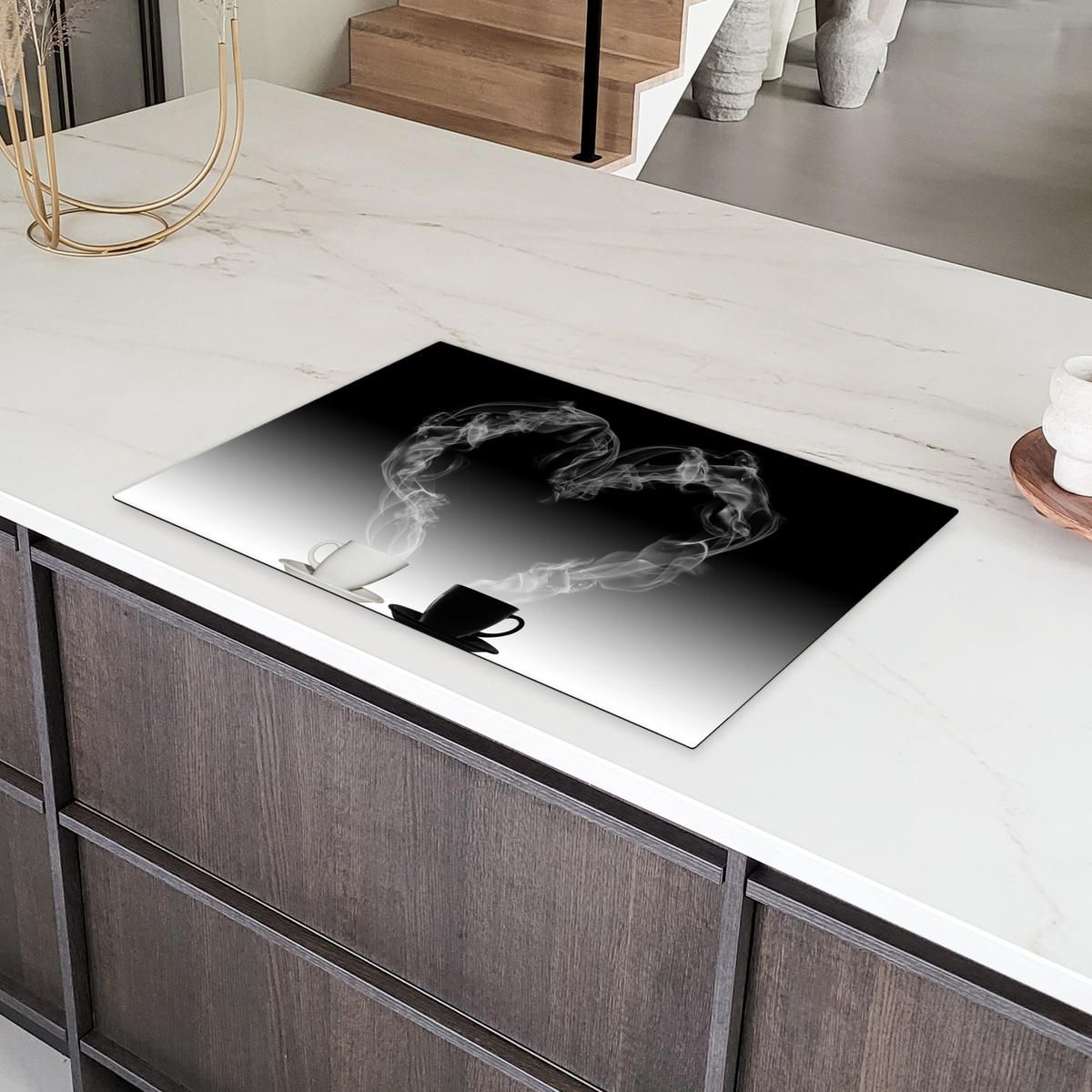 HERDABDECKPLATTE Kaffee - Herz - Schwarz und weiß - Tassen Ceranfeldabdeckung 80x52 cm - Weiß, Kunststoff (80/52/0.2cm) - MuchoWow