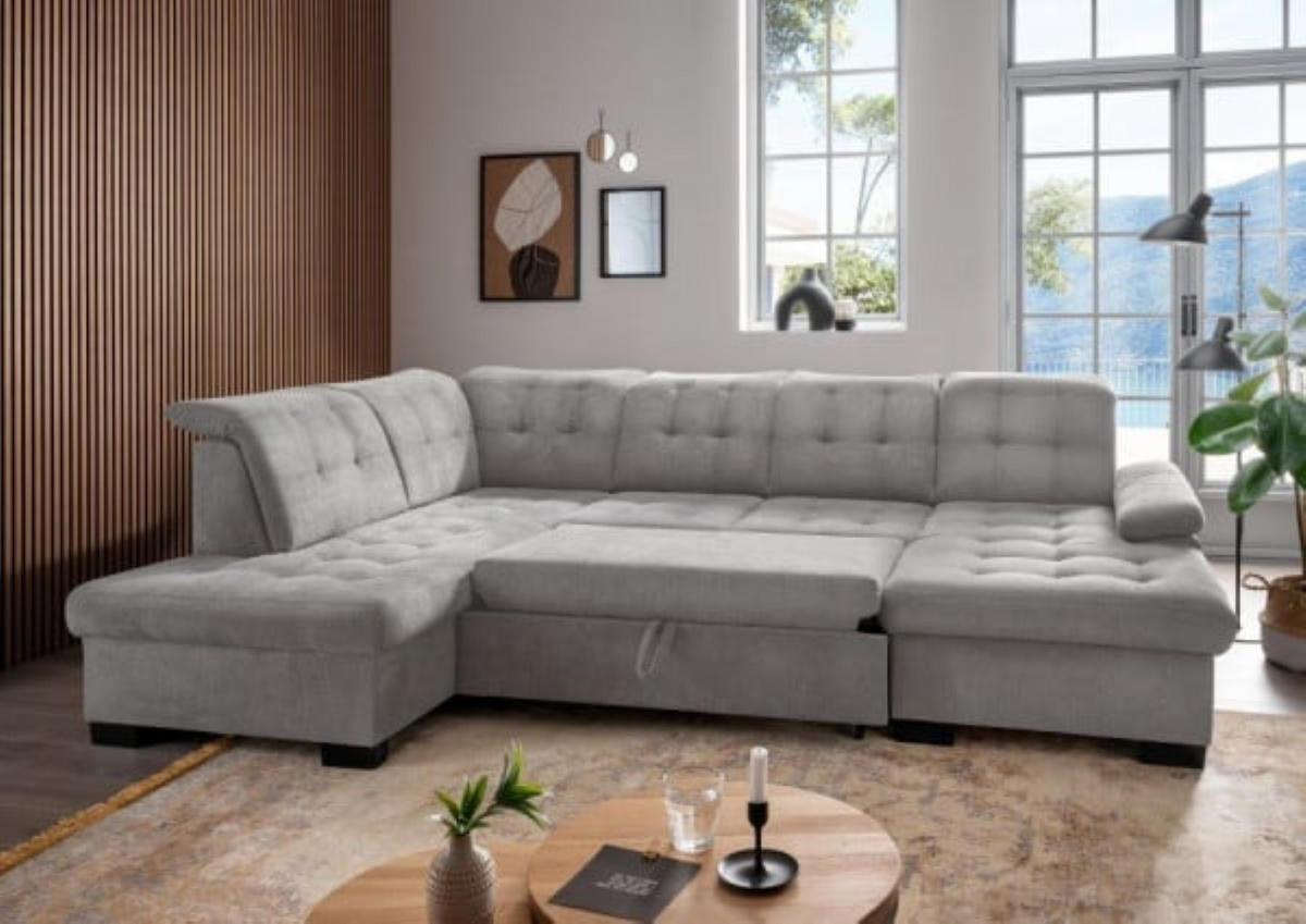WOHNLANDSCHAFT mit Schlaffunktion und Bettkasten, verstellbare Kopflehnen - Hellgrau/Schwarz, Kunststoff/Textil (305/163/216cm) - myHomelando