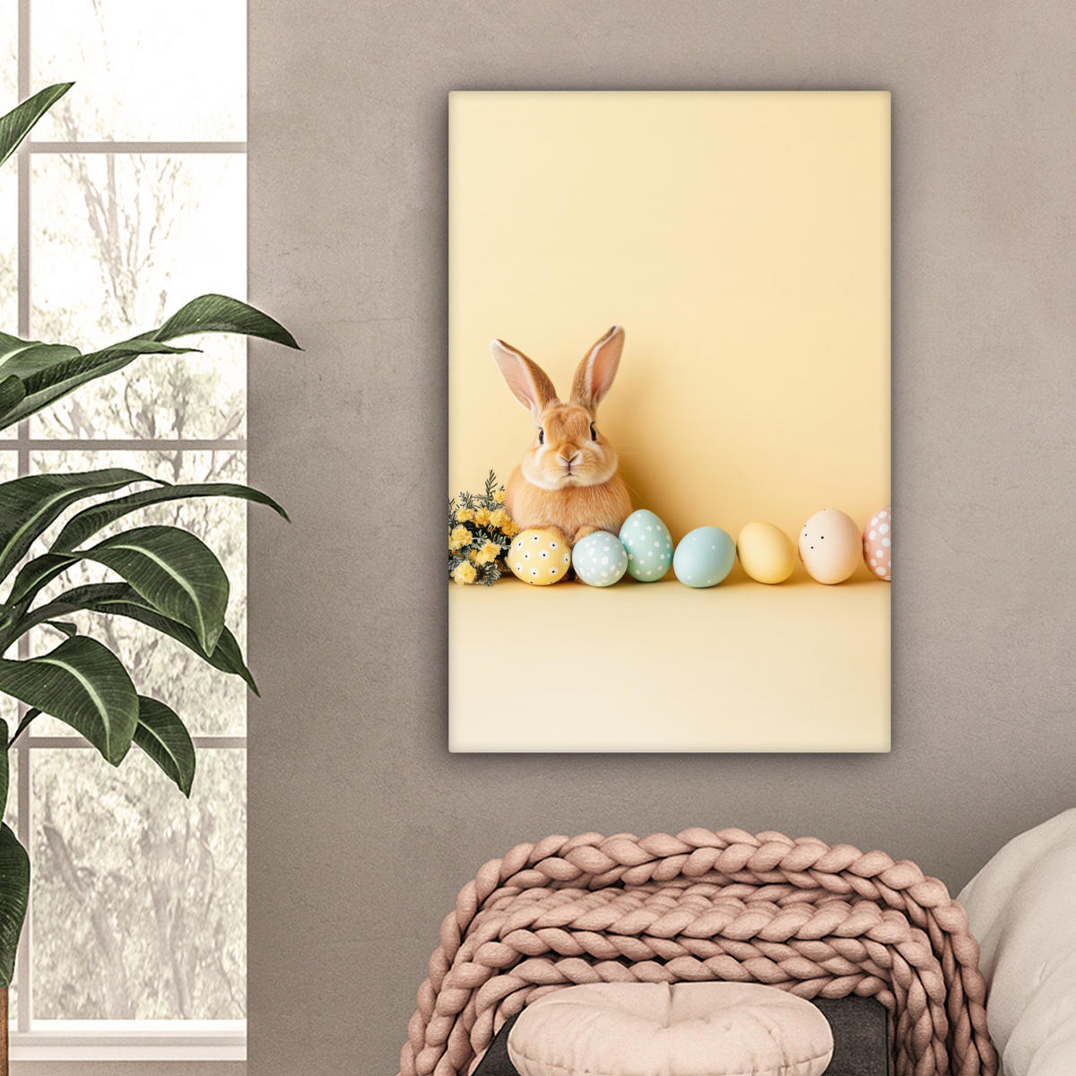 LEINWANDBILD Eier - Kaninchen - Pastellfarbtöne Wanddeko Schlafzimmer 60x90 cm - Hellgelb, Textil (60/90cm) - MuchoWow