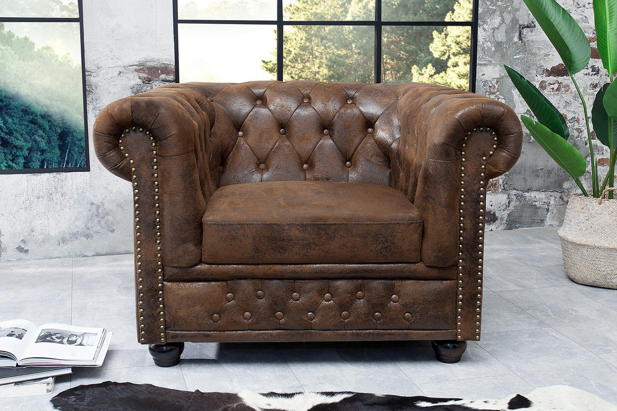 SESSEL CHESTERFIELD Microfaser Braun 110 cm - Dunkelbraun/Braun, Holz/Textil (110/73/85cm) - riess-ambiente