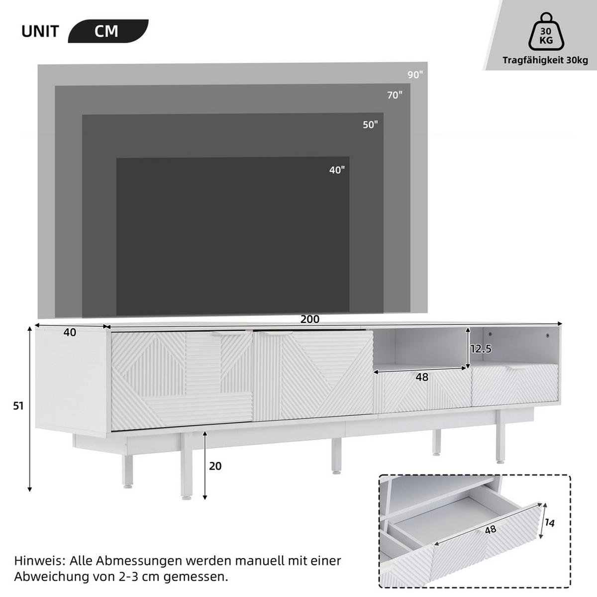 TV-SCHRANK 200x40cm Modern abstrakte Linien Stauraum Weiß bis 90 Zoll - Weiß, Holz (52.07/12.19/115.06cm) - FLIEKS