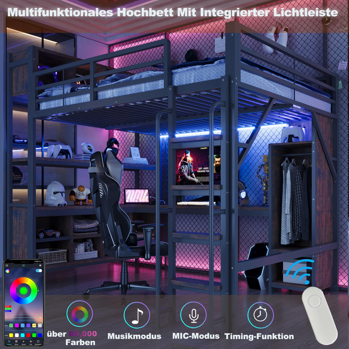 HOCHBETT 140/200 cm aus Metall mit Schreibtisch, Kleiderschrank, LED, Schwarz - Schwarz, Metall (140/200cm) - OKMYHOME