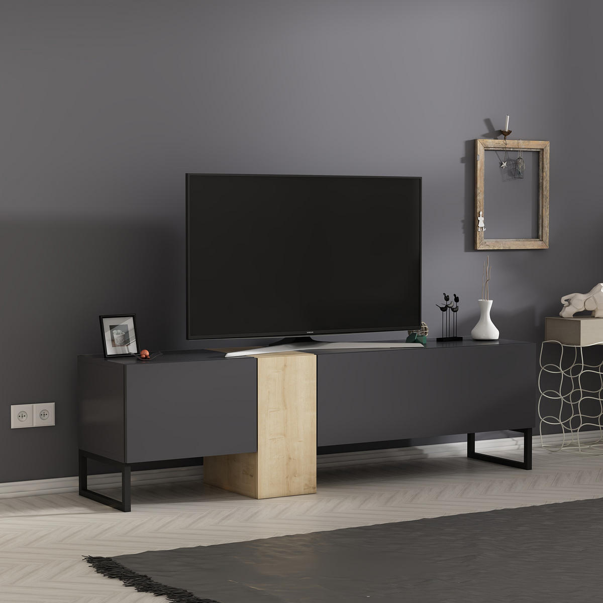 TV-LOWBOARD Anthrazit Saphir mit Metall Füße 9161 - Anthrazit/Beige, Holzwerkstoff/Metall (157/45/37cm) - moebel17