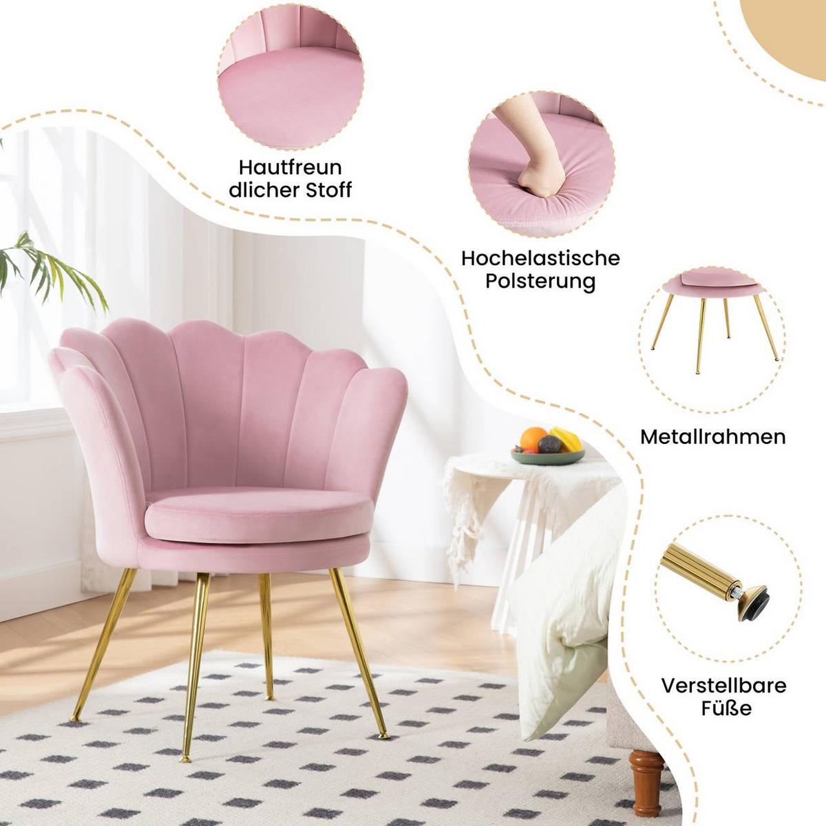 RELAXSESSEL Blumenform, Samtbezug, Rosa+Gold - Goldfarben/Rosa, Textil/Metall (68/75/62cm) - Woltu