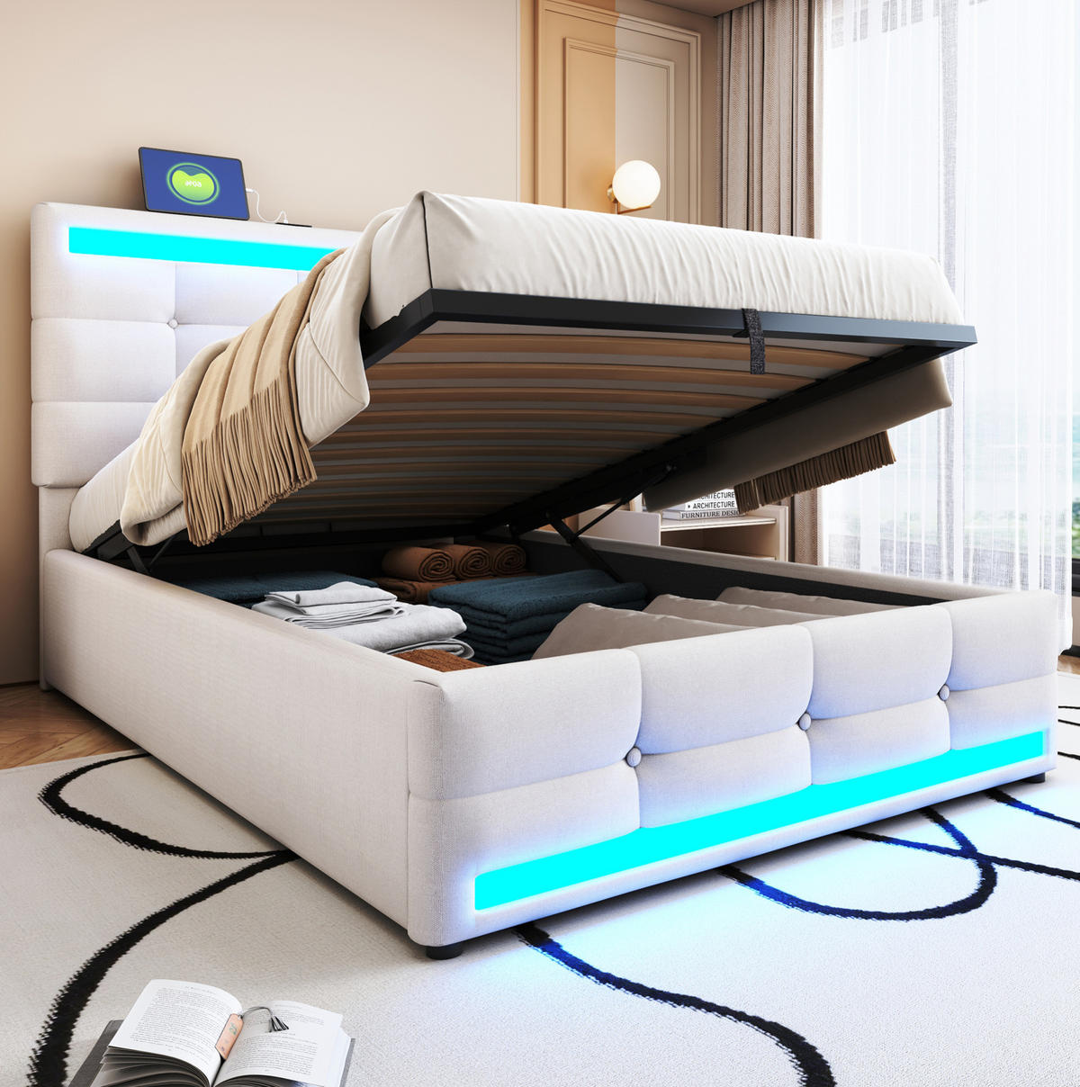 POLSTERBETT aus Leinen 90x200 cm in Beige mit LED & USB - Beige, Textil (90/200cm) - Modfu