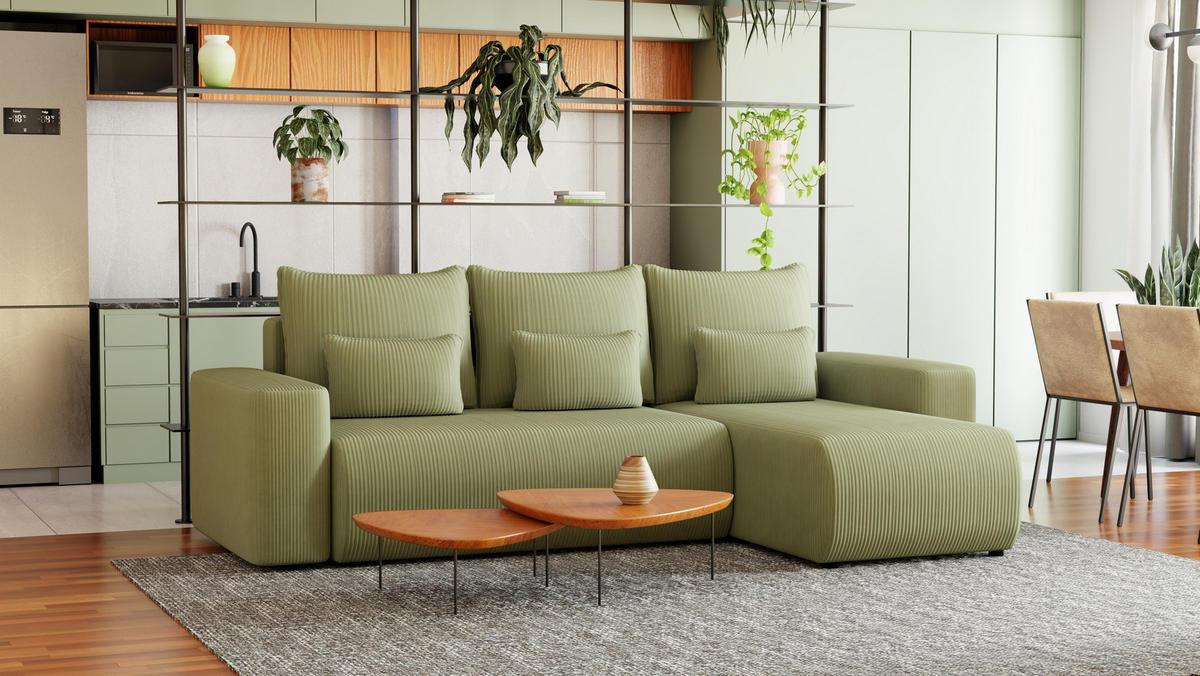ECKSOFA Travis mit Bettkasten und Schlaffunktion, L-Form, Cord, Universal - Salbeigrün, Holzwerkstoff (248/148cm) - 4ALL HOME