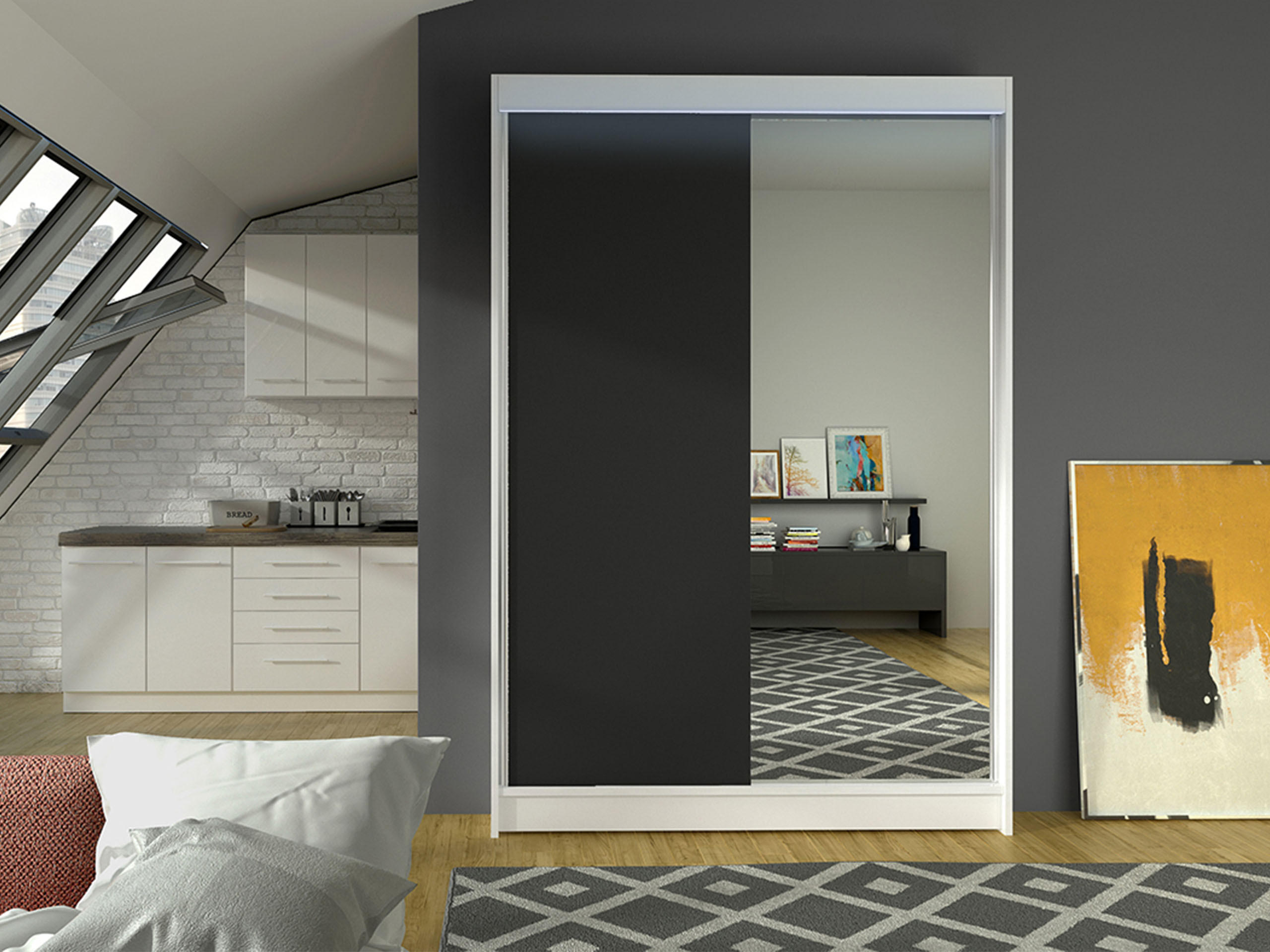 SCHWEBETÜRENSCHRANK Lino I mit RGB LED Beleuchtung - Schwarz/Weiß, Holzwerkstoff/Metall (120/200/58cm) - MIRJAN24